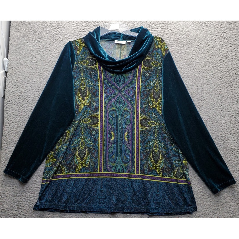 Susan Graver Tunic Top Womens XL Multi Paisley Velvet Long Sleeve Cowl Neck